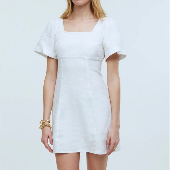 NWT Madewell Square-Neck Mini Dress In 100% Linen Eyelet White Size 14 - Picture 1 of 11